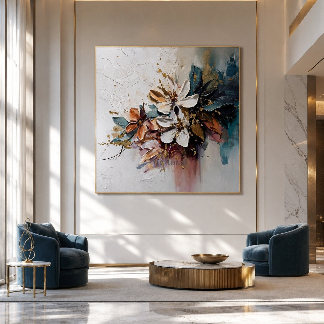 Textured Abstract Floral Canvas Wall Art in Teal, Blush and Gold#wp261759