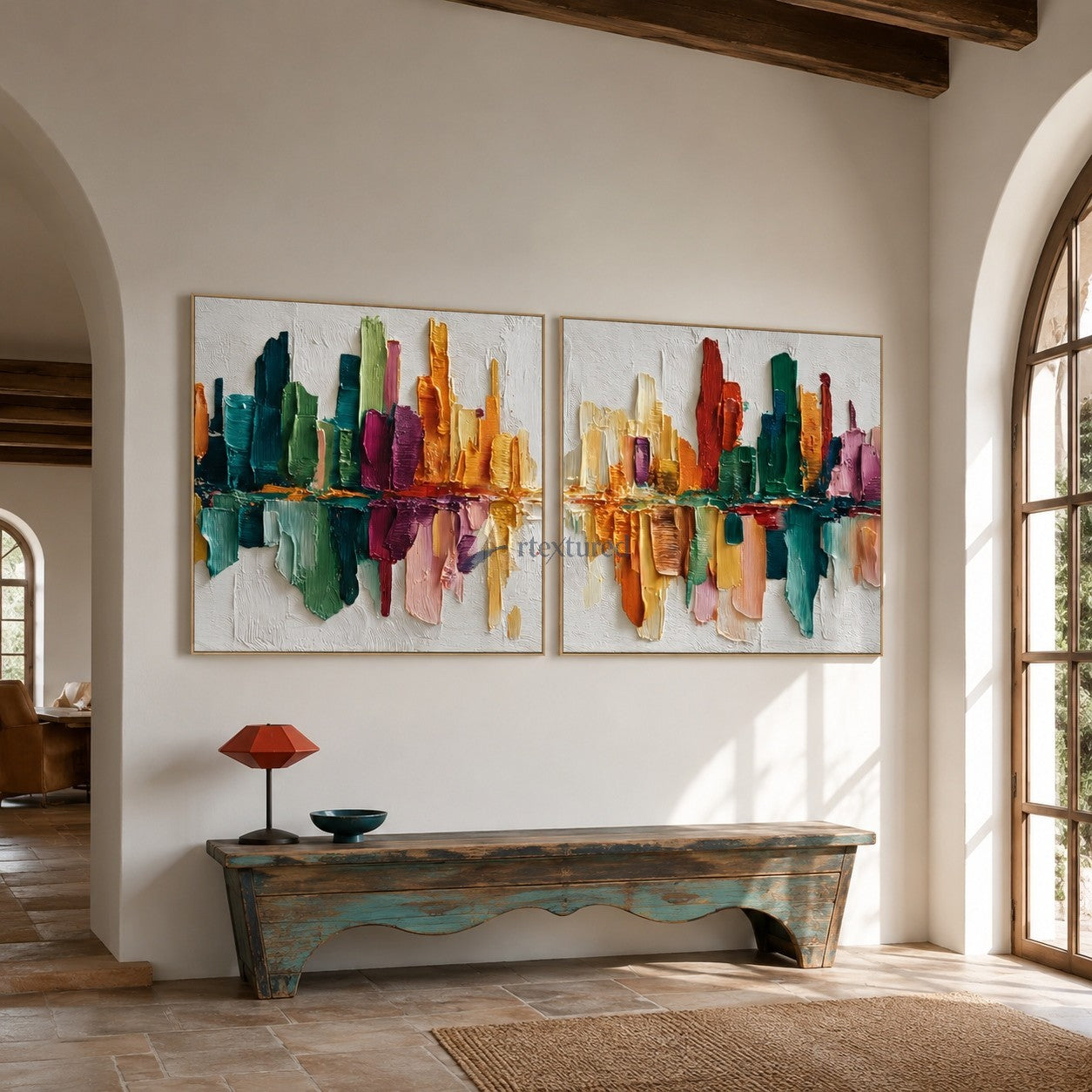 Colorful Abstract City Skyline Textured Diptych Wall Art Set#wp261760