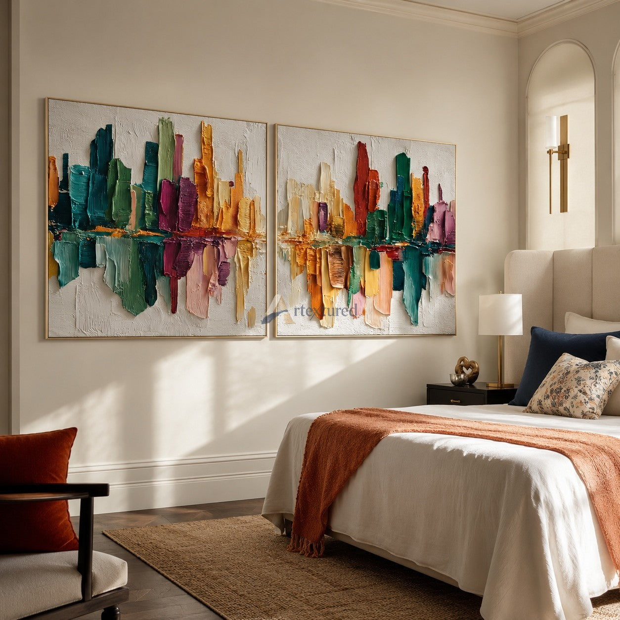 Colorful Abstract City Skyline Textured Diptych Wall Art Set#wp261760