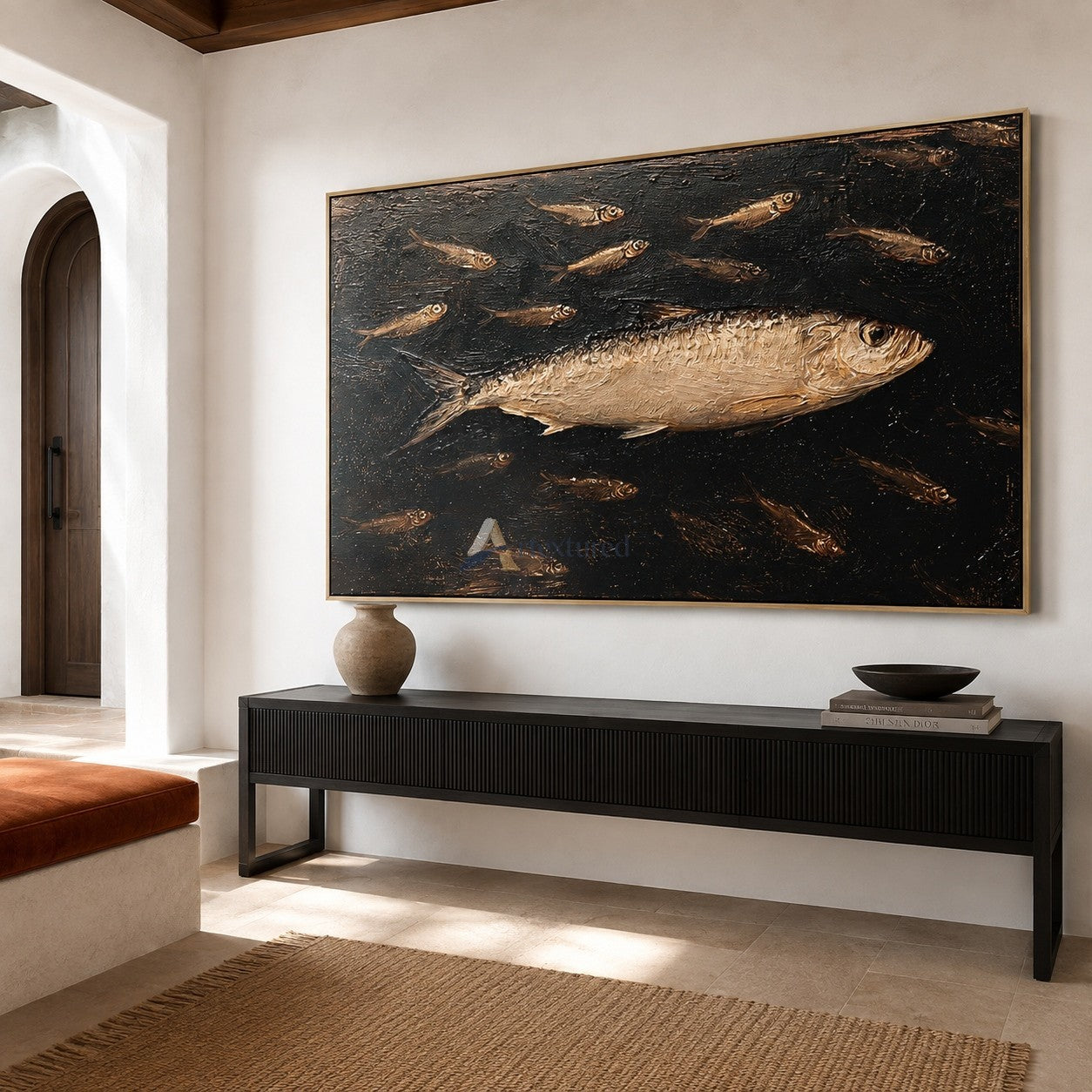 Silver Fish and School Wall Art – Textured Coastal Painting#wp261762