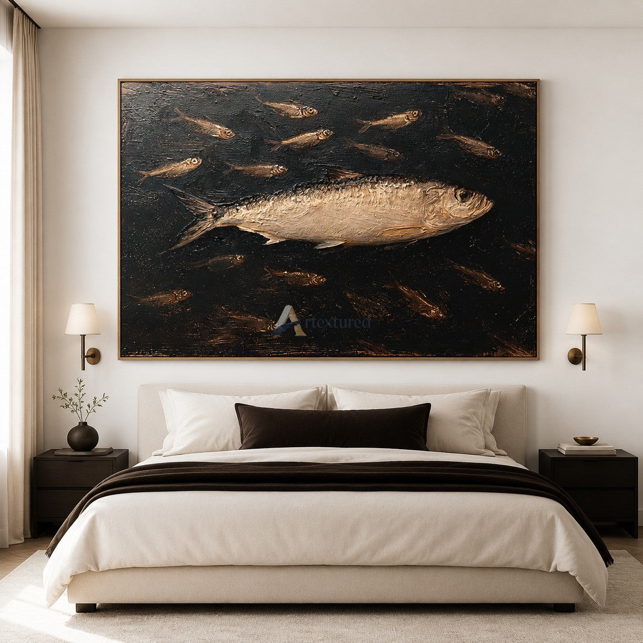 Silver Fish and School Wall Art – Textured Coastal Painting#wp261762