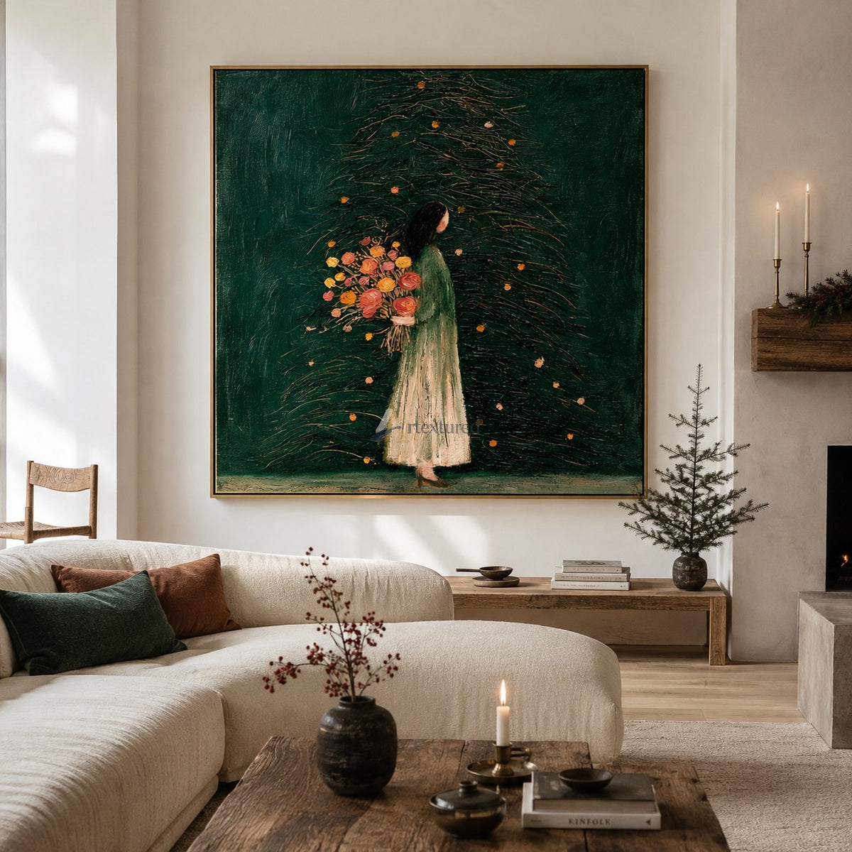 Flowers Beneath the Evergreen — Woman with Bouquet Figurative Wall Art#wp261788