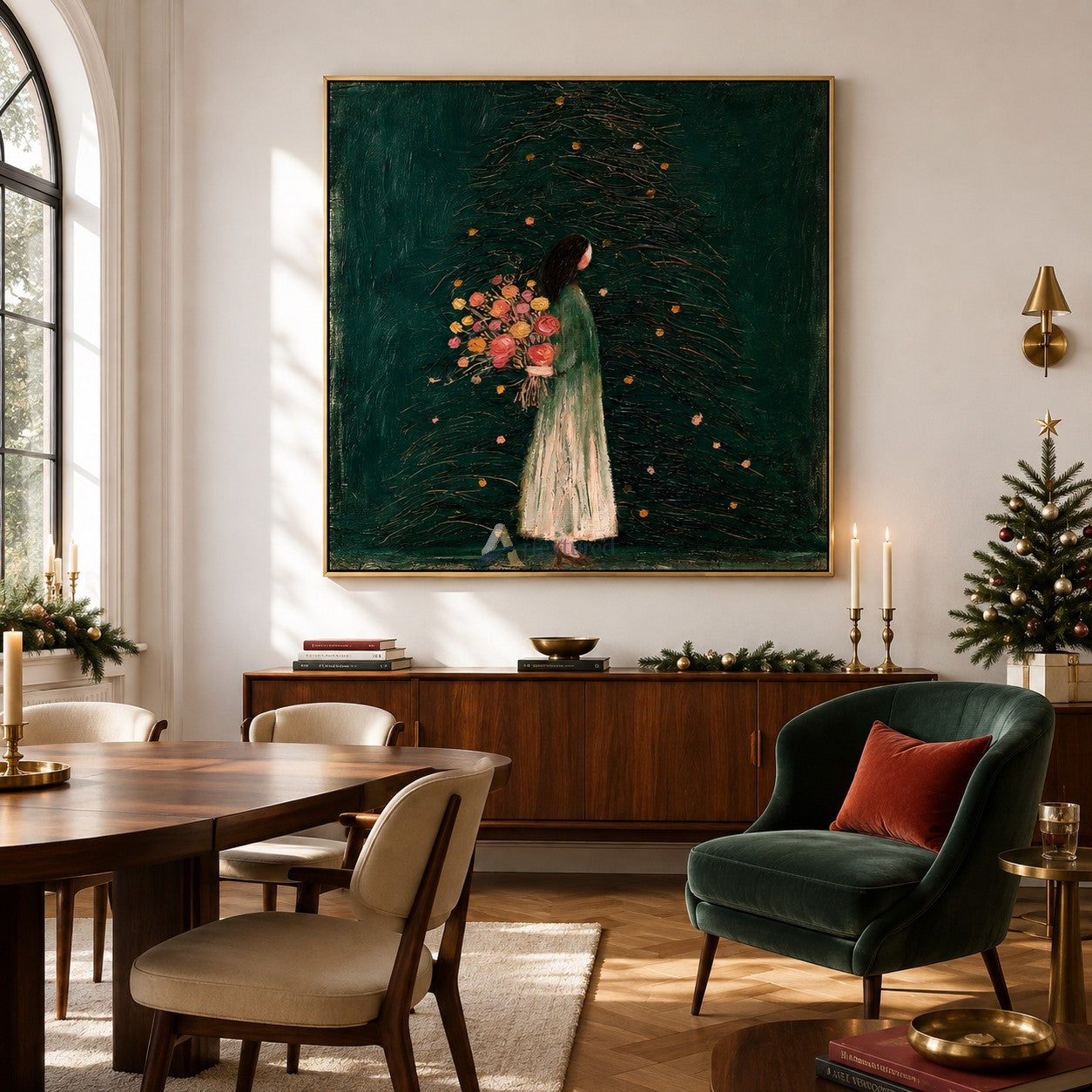 Flowers Beneath the Evergreen — Woman with Bouquet Figurative Wall Art#wp261788