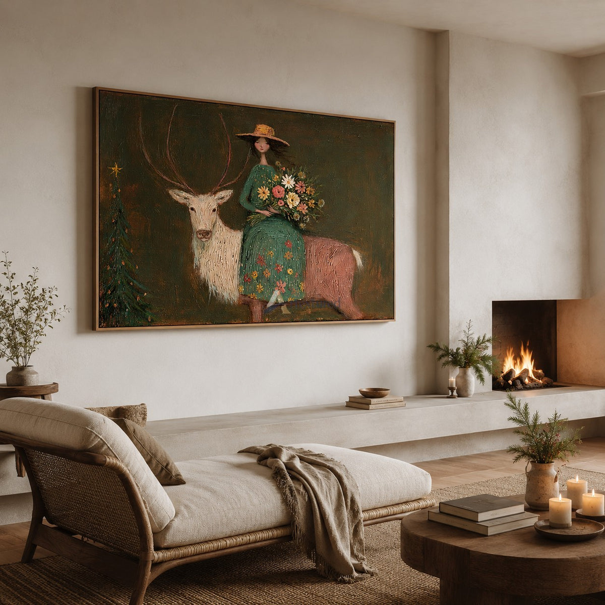 The Flower Keeper and White Stag — Whimsical Figurative Wall Art#wp261789