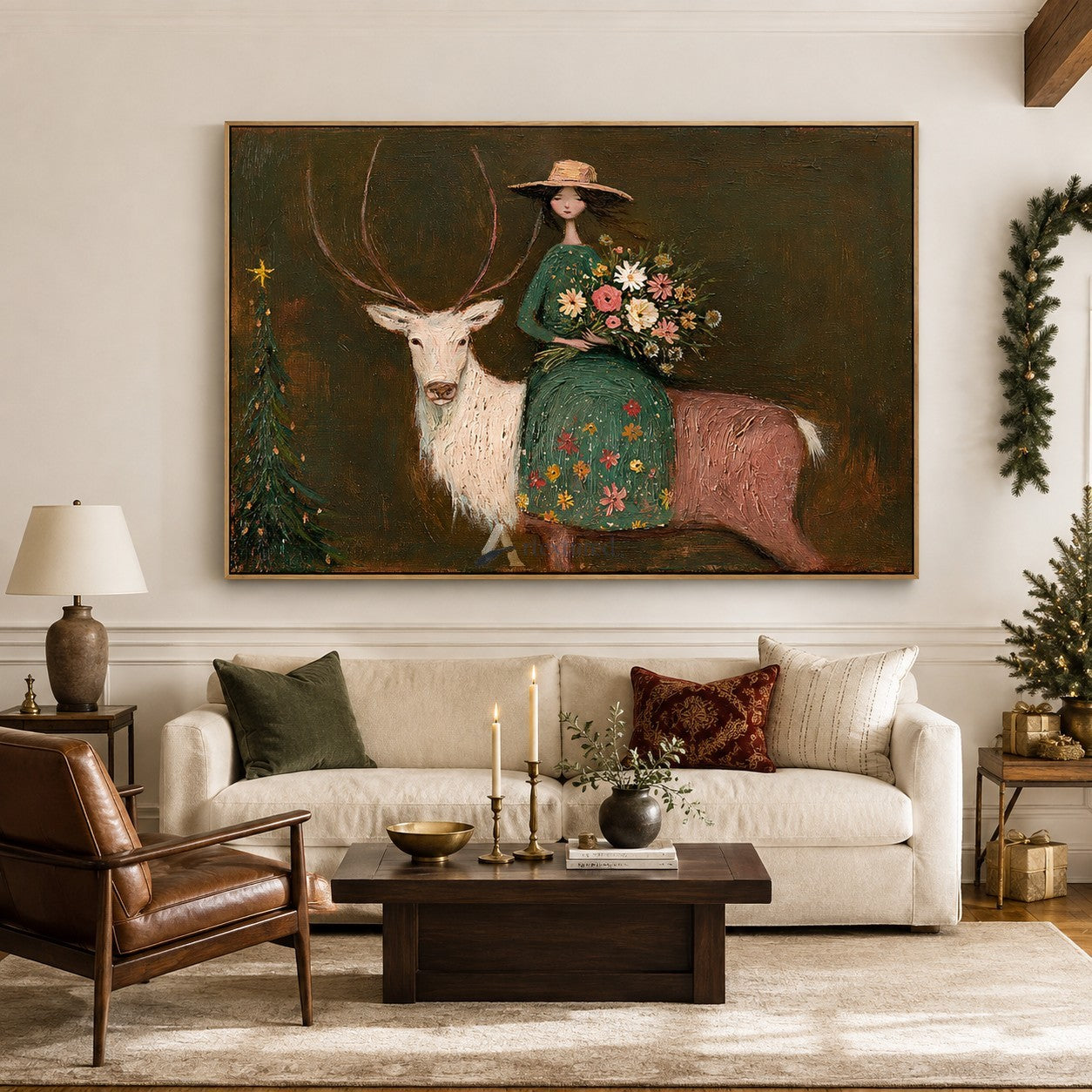 The Flower Keeper and White Stag — Whimsical Figurative Wall Art#wp261789