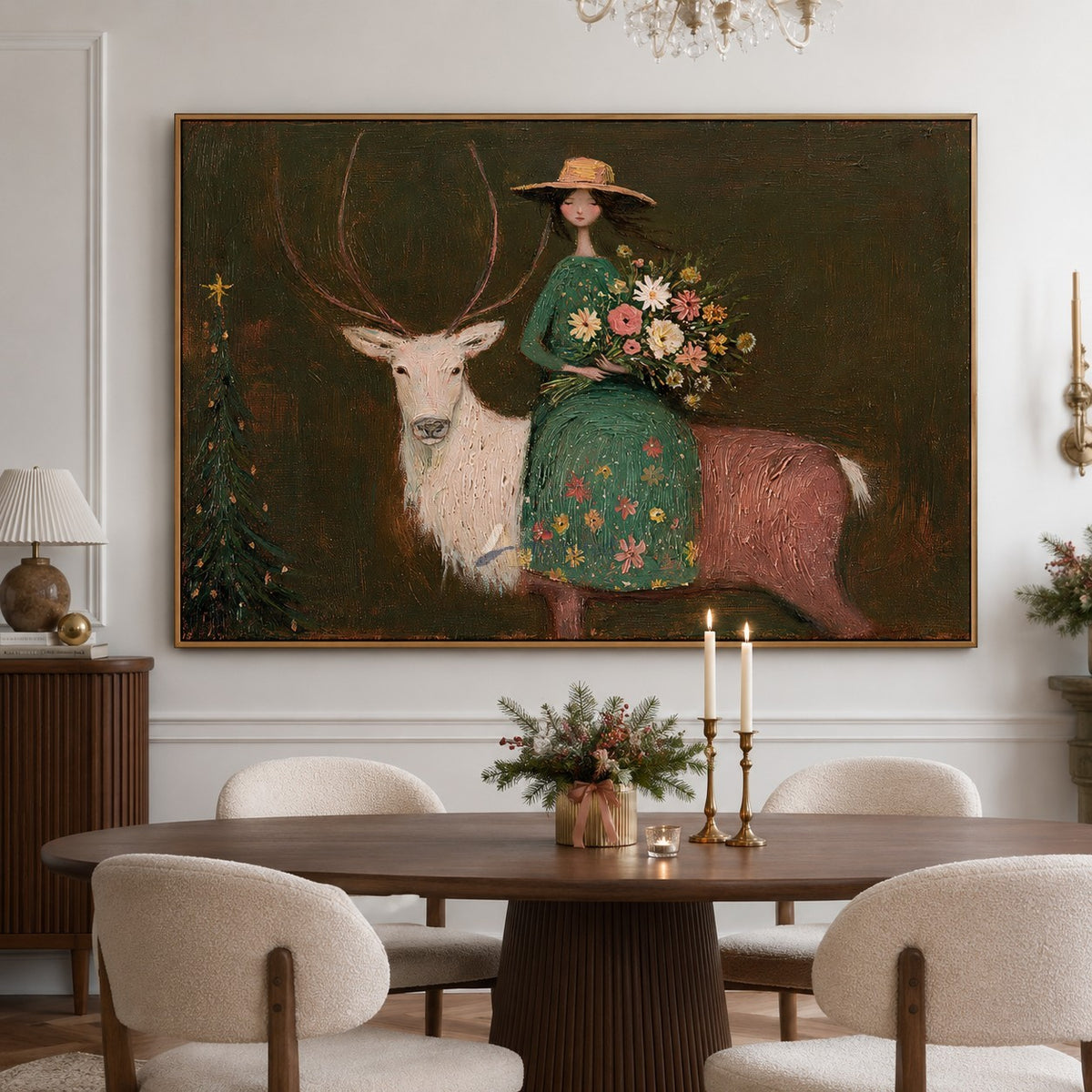 The Flower Keeper and White Stag — Whimsical Figurative Wall Art#wp261789