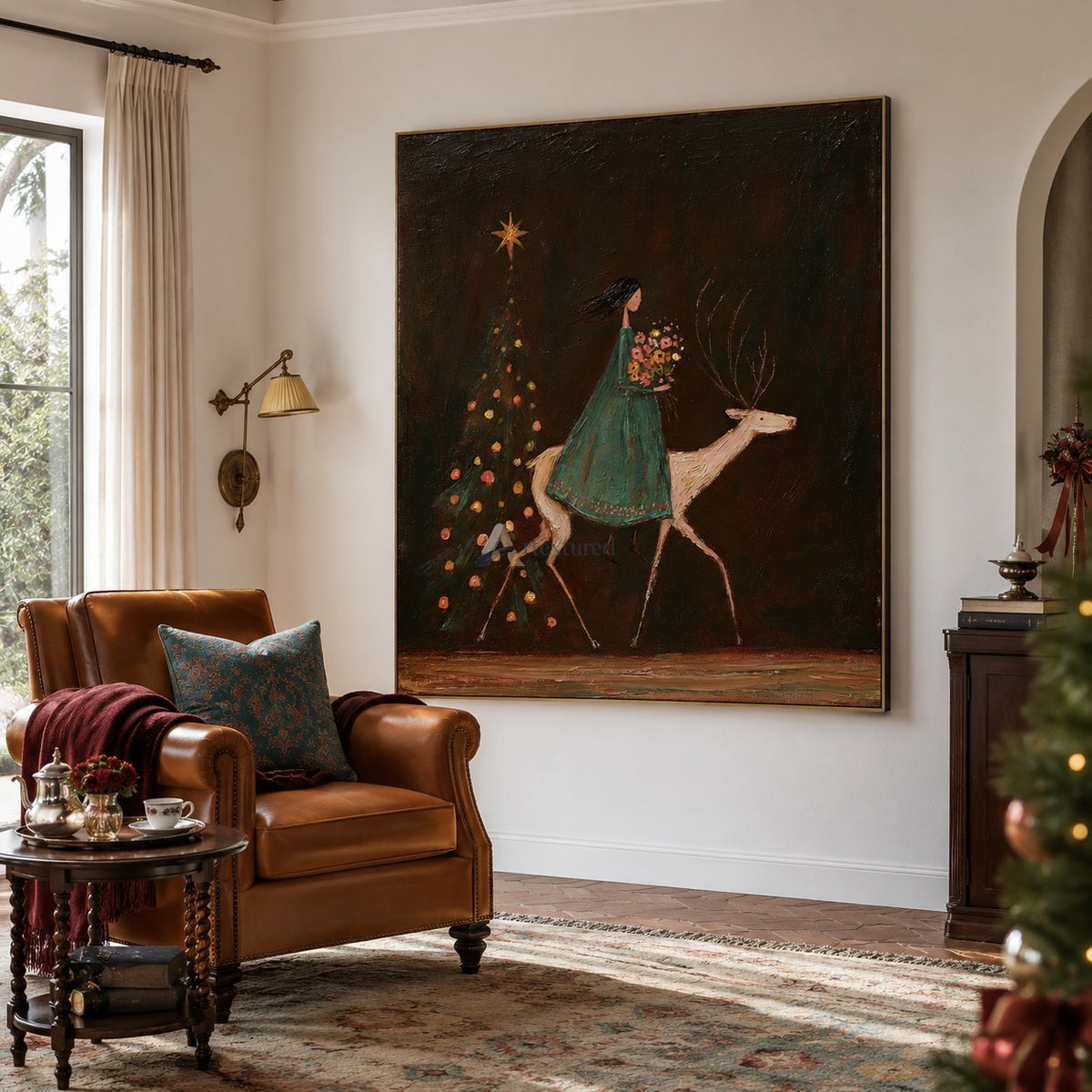 A Starlit Winter Ride — Woman and White Reindeer Christmas Wall Art#wp261790