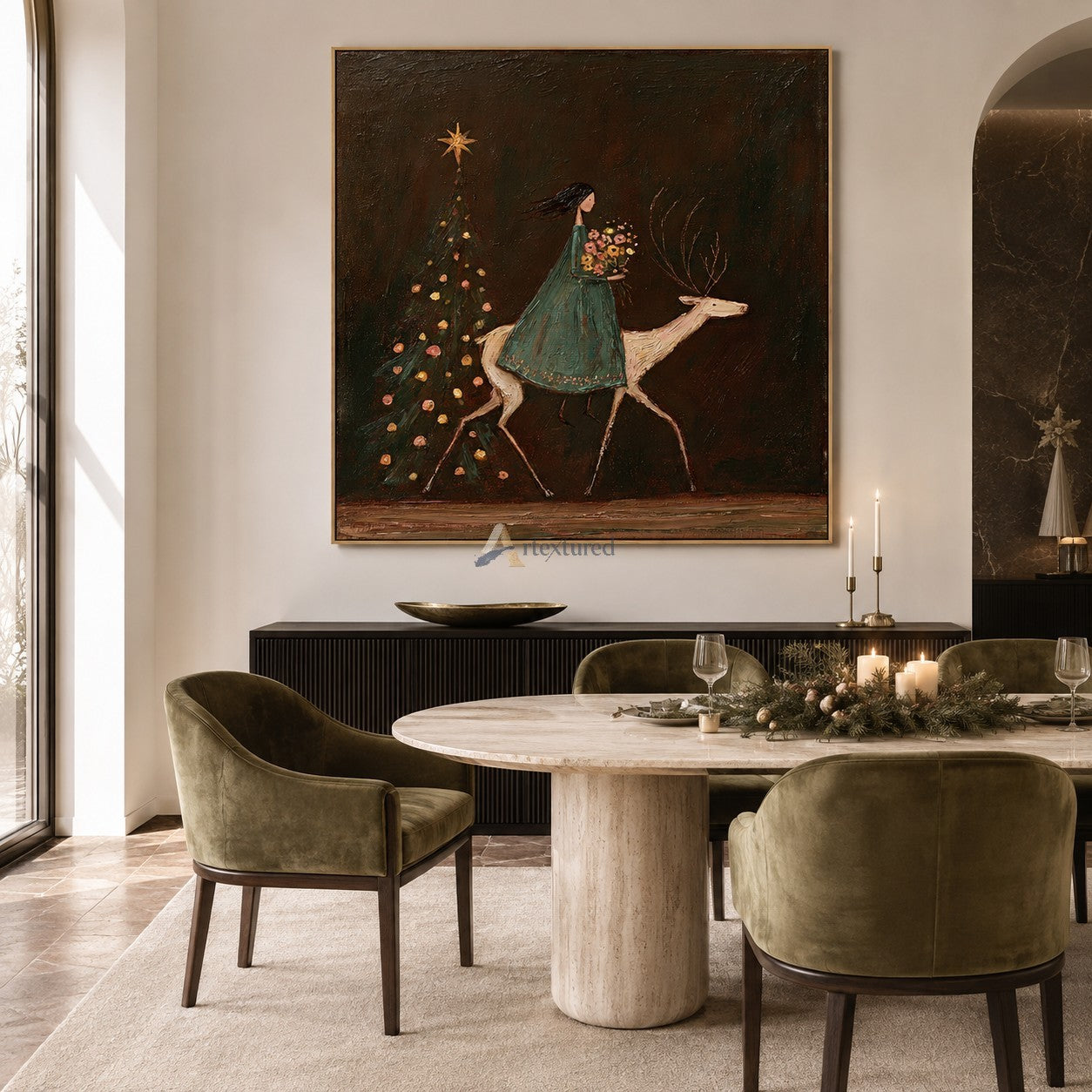 A Starlit Winter Ride — Woman and White Reindeer Christmas Wall Art#wp261790