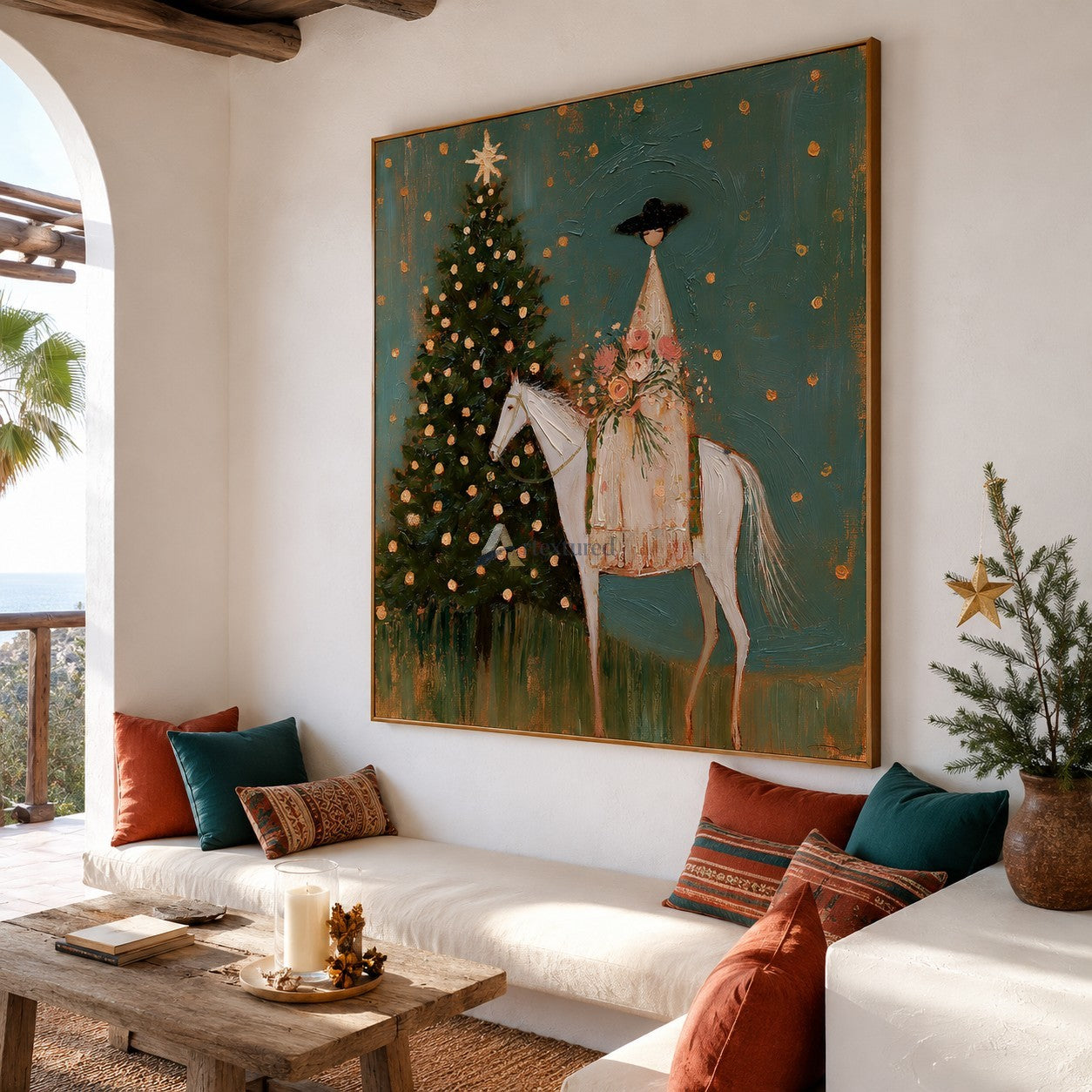 Christmas Eve in Bloom — Woman on White Horse Holiday Wall Art#wp261791