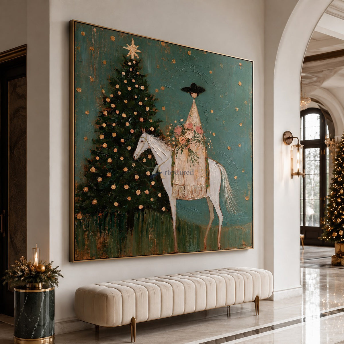 Christmas Eve in Bloom — Woman on White Horse Holiday Wall Art#wp261791