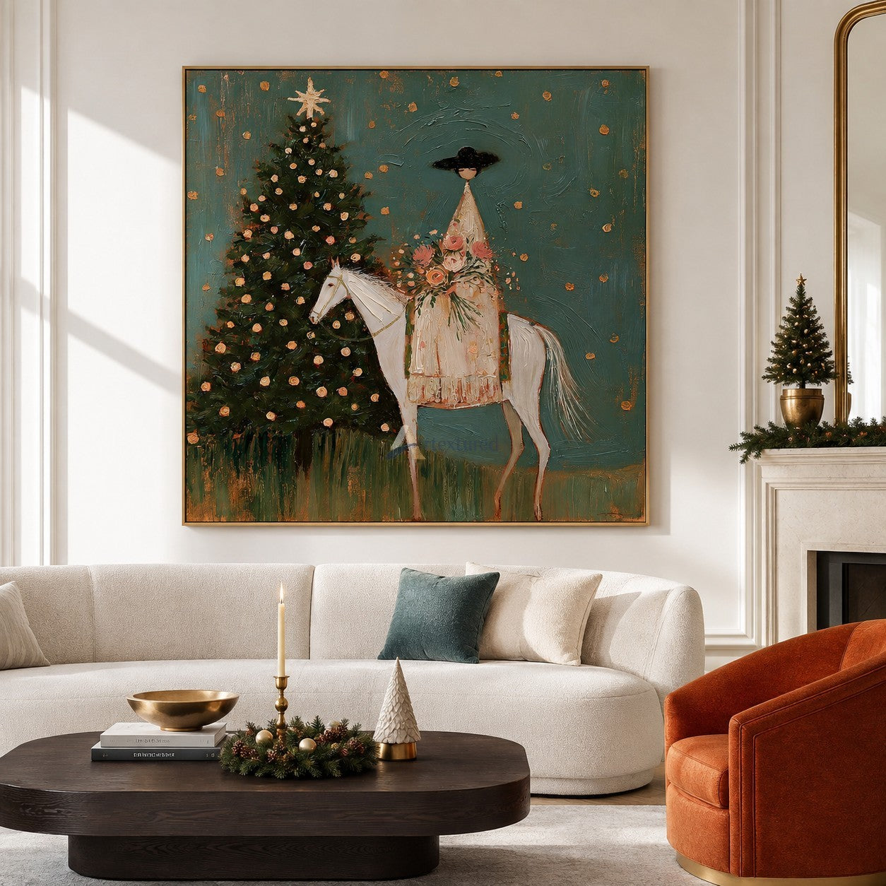 Christmas Eve in Bloom — Woman on White Horse Holiday Wall Art#wp261791