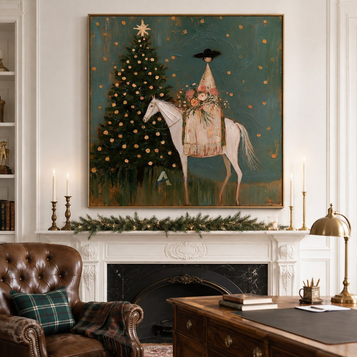 Christmas Eve in Bloom — Woman on White Horse Holiday Wall Art#wp261791