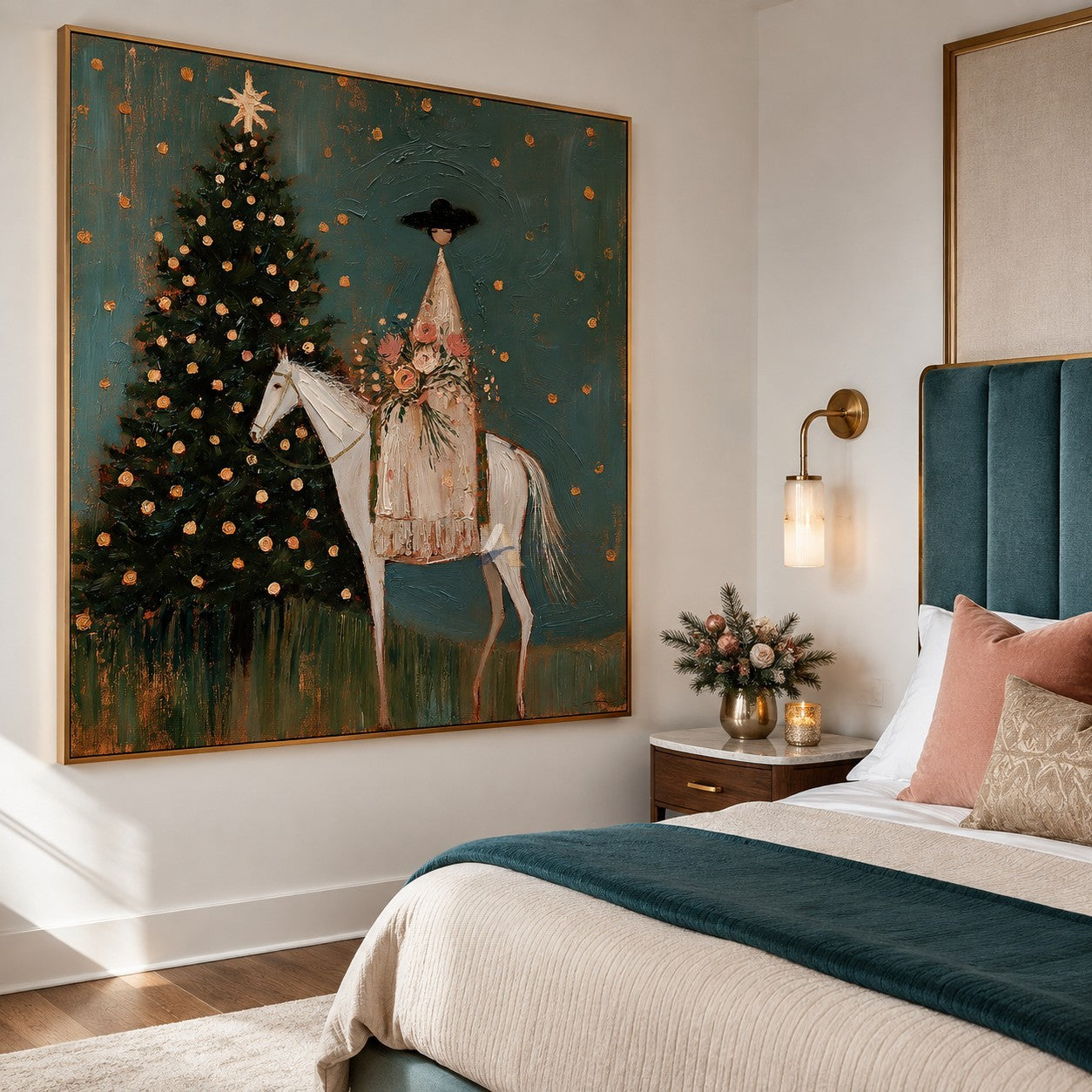 Christmas Eve in Bloom — Woman on White Horse Holiday Wall Art#wp261791