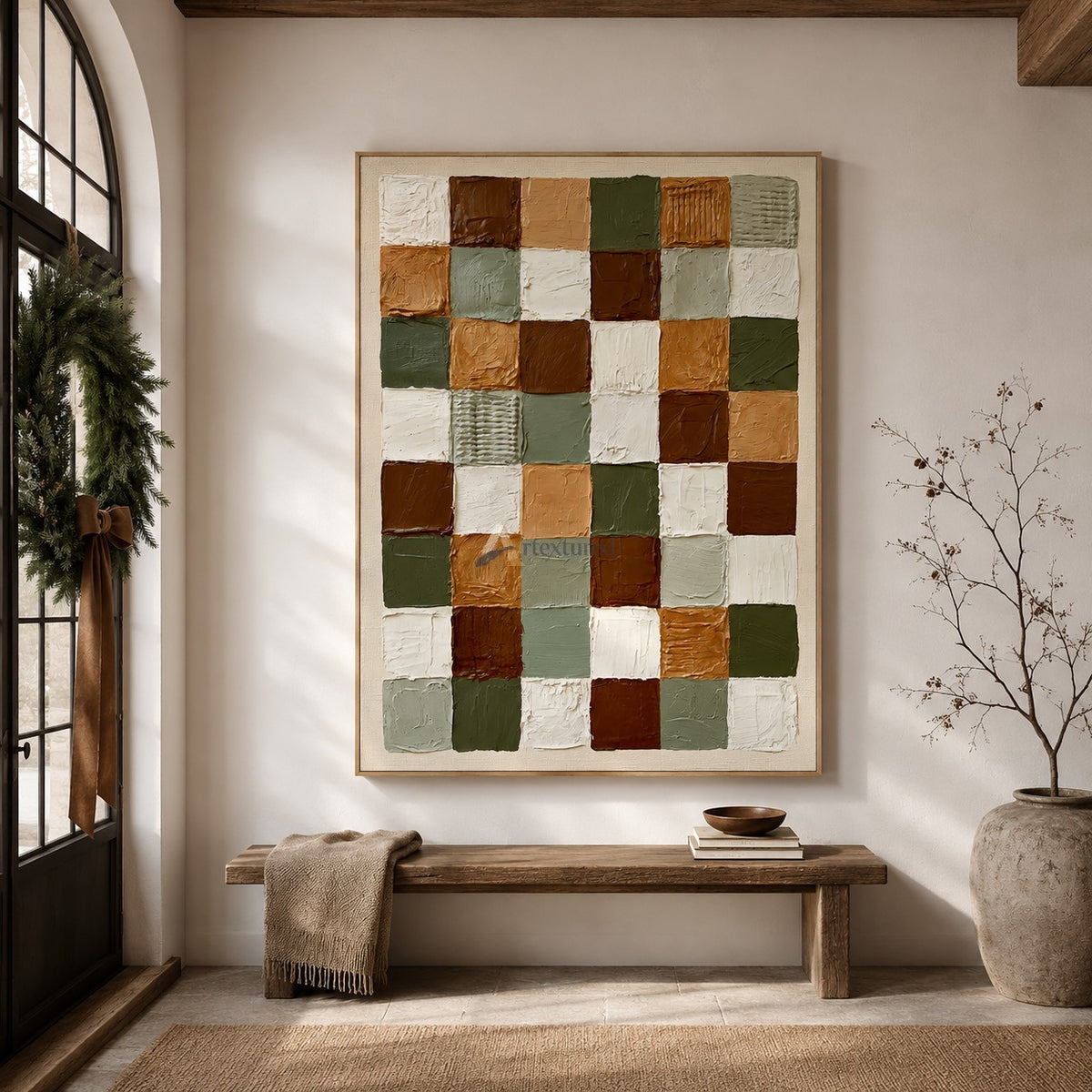 Collected Earth — Sage Green and Brown Textured Checkerboard Wall Art#wp261794