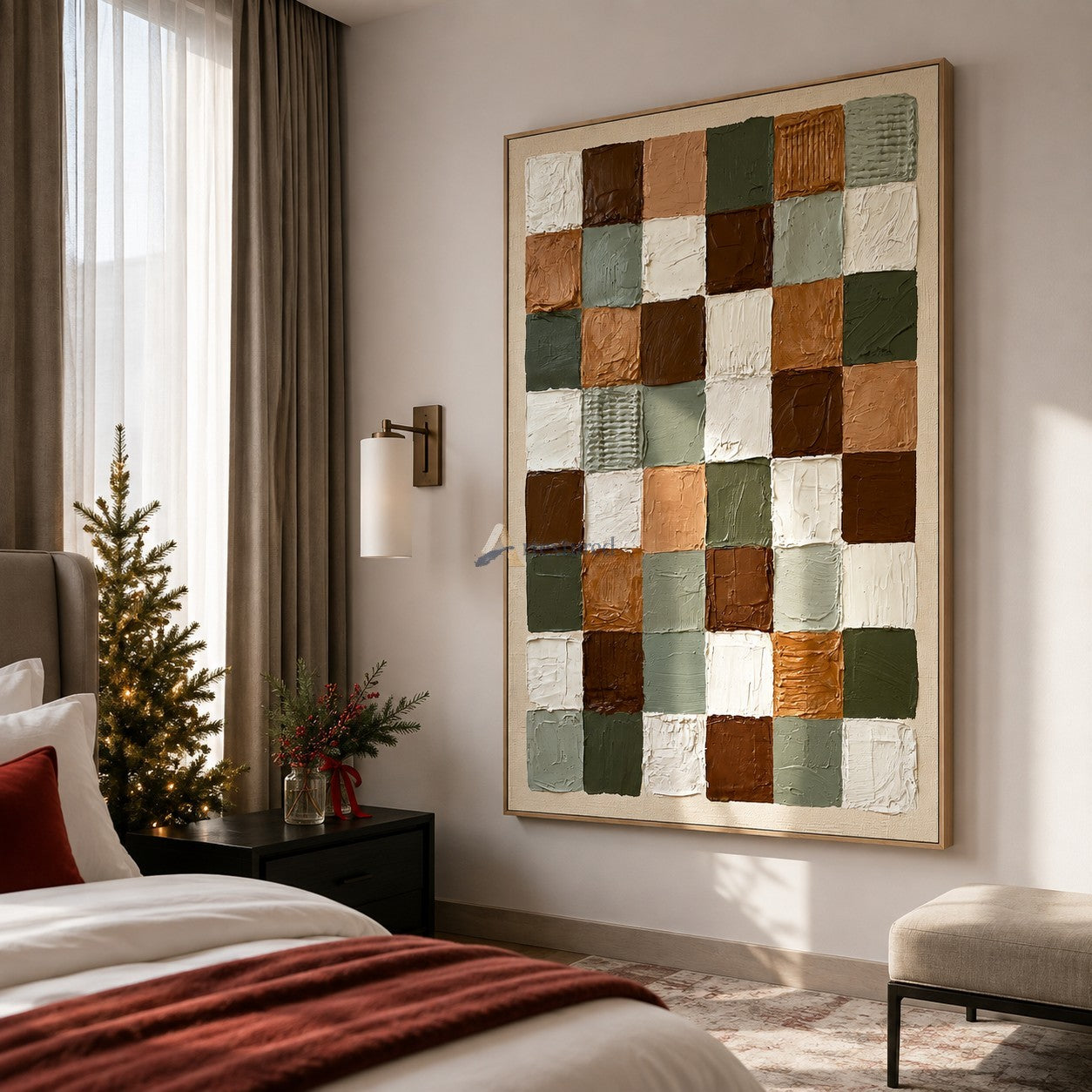 Collected Earth — Sage Green and Brown Textured Checkerboard Wall Art#wp261794