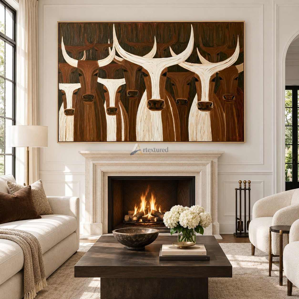 Longhorn Gathering — Brown and White Texas Cattle Wall Art#wp261796