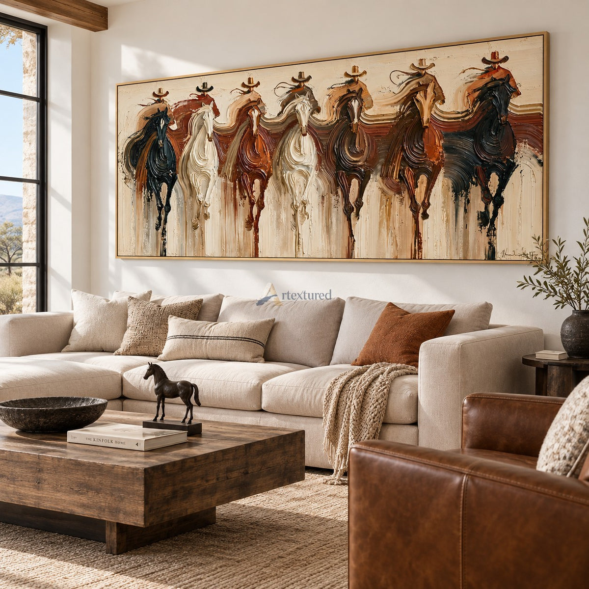 Seven Riders — Hand-Painted Textured Western Horse & Cowboy Panoramic Wall Art#wp261799