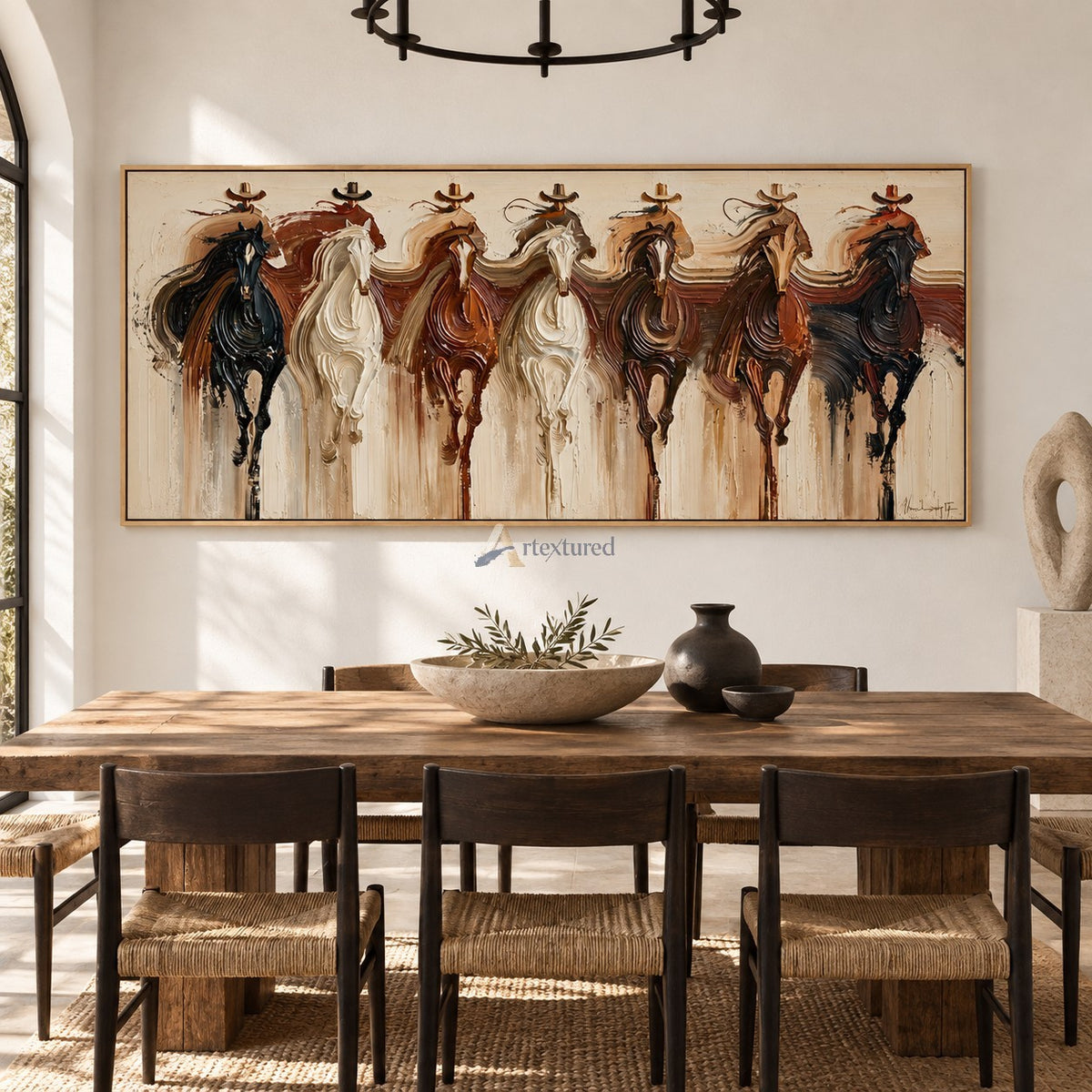 Seven Riders — Hand-Painted Textured Western Horse & Cowboy Panoramic Wall Art#wp261799