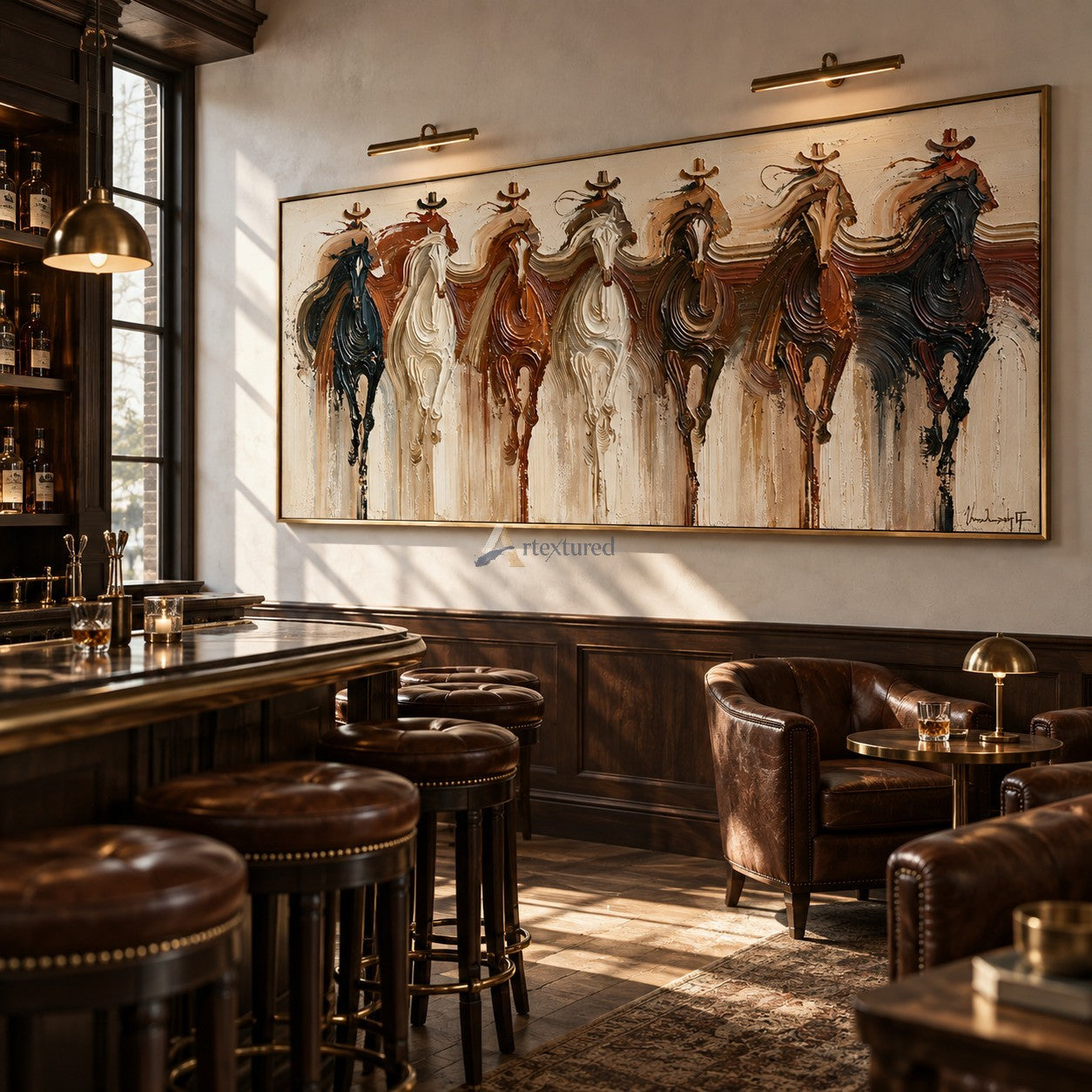 Seven Riders — Hand-Painted Textured Western Horse & Cowboy Panoramic Wall Art#wp261799