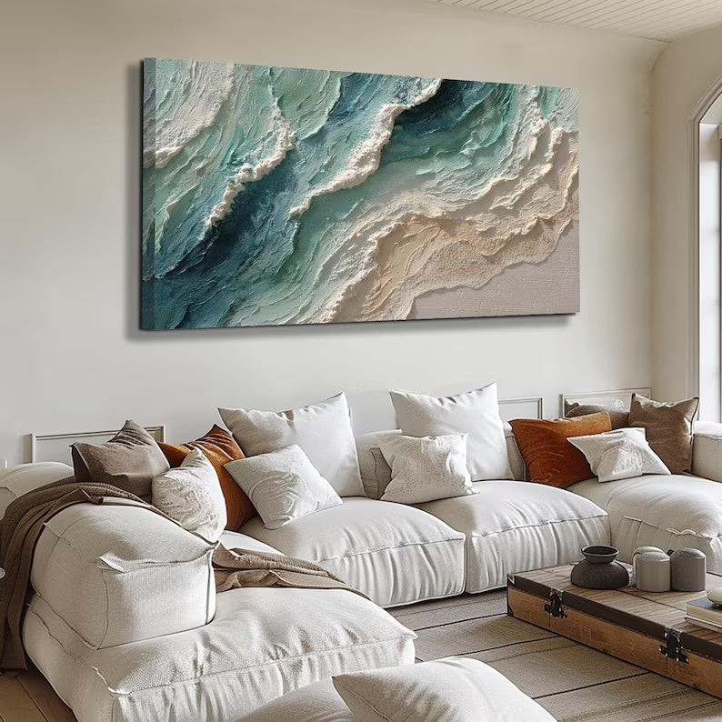 Teal Textured Ocean Wave Painting – Coastal Wall Art#yy61704