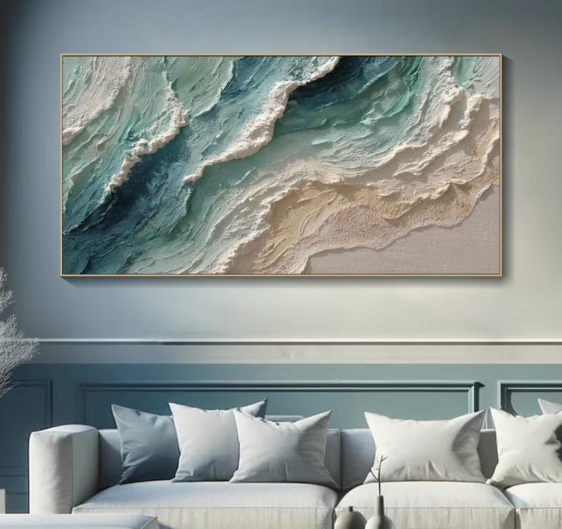 Teal Textured Ocean Wave Painting – Coastal Wall Art#yy61704