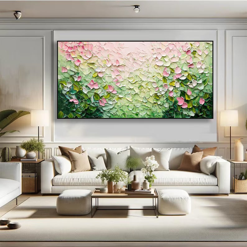Pink and Green Textured Floral Painting – Botanical Wall Art#yy61708