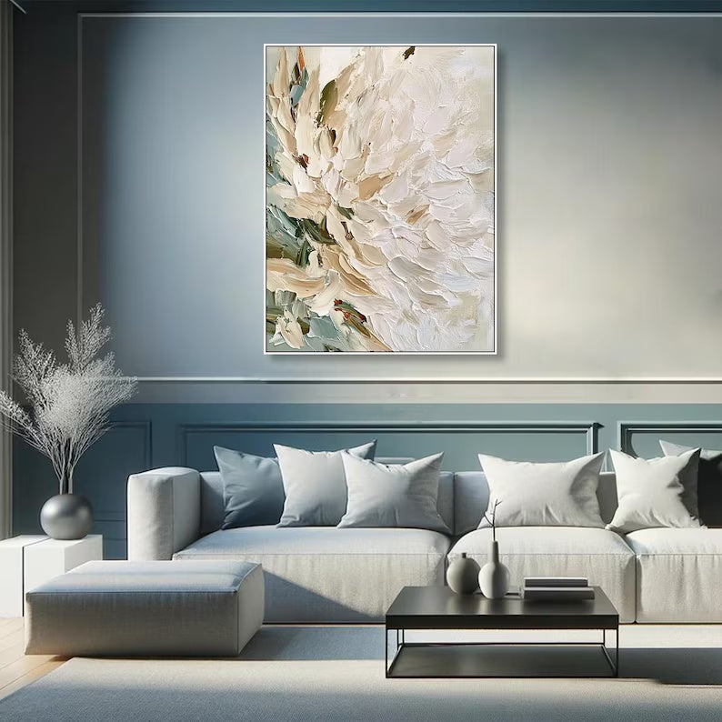 White Textured Floral Painting – Neutral Botanical Wall Art#yy61709