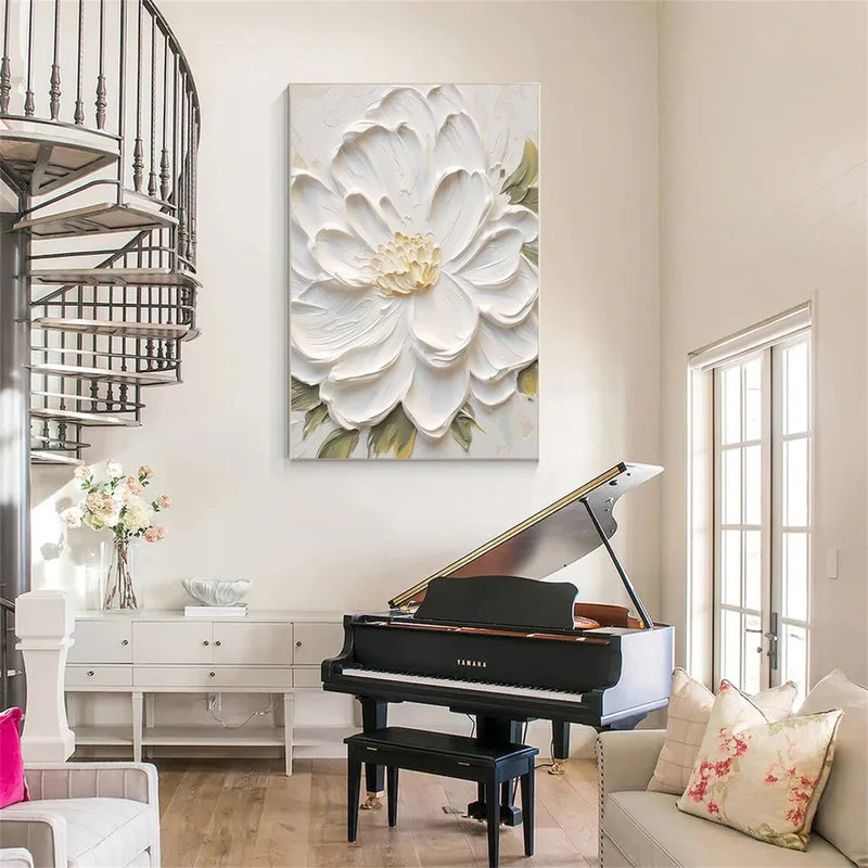 White Flower Textured Wall Art – 3D Floral Canvas Painting#yy721011