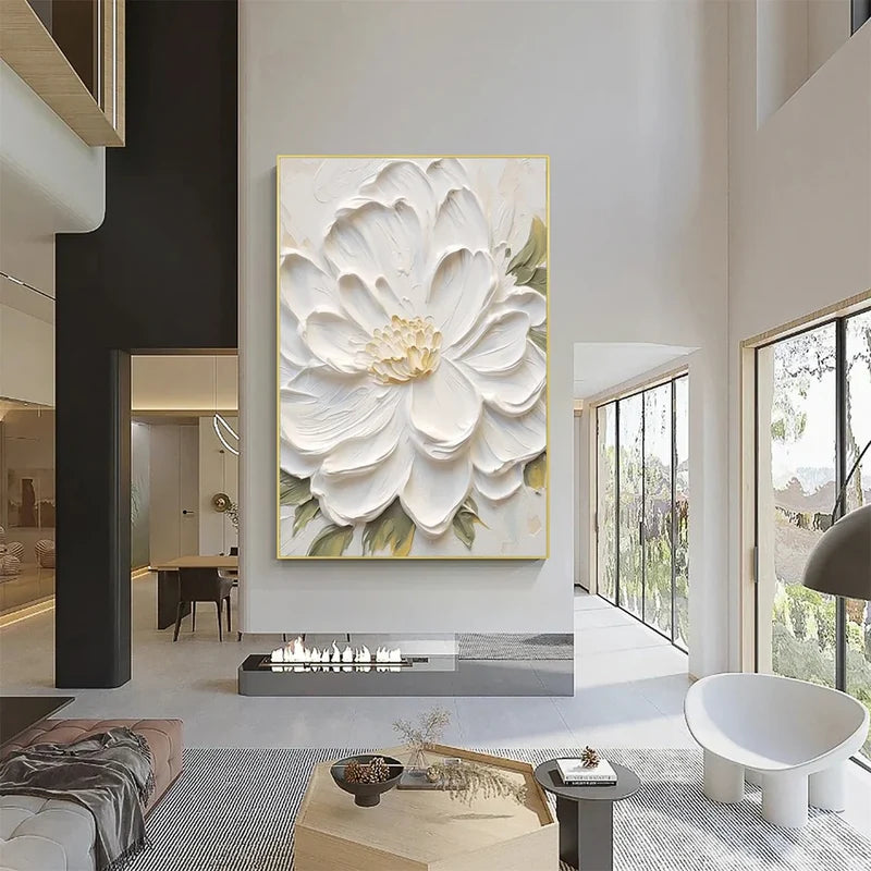 White Flower Textured Wall Art – 3D Floral Canvas Painting#yy721011