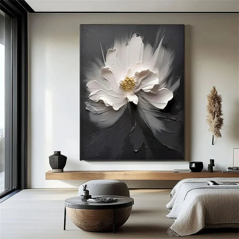 Black White Flower Wall Art – 3D Textured Floral Canvas Painting#yy721014