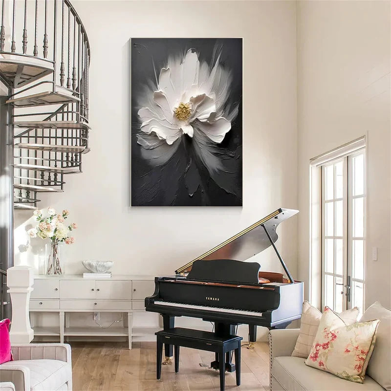 Black White Flower Wall Art – 3D Textured Floral Canvas Painting#yy721014
