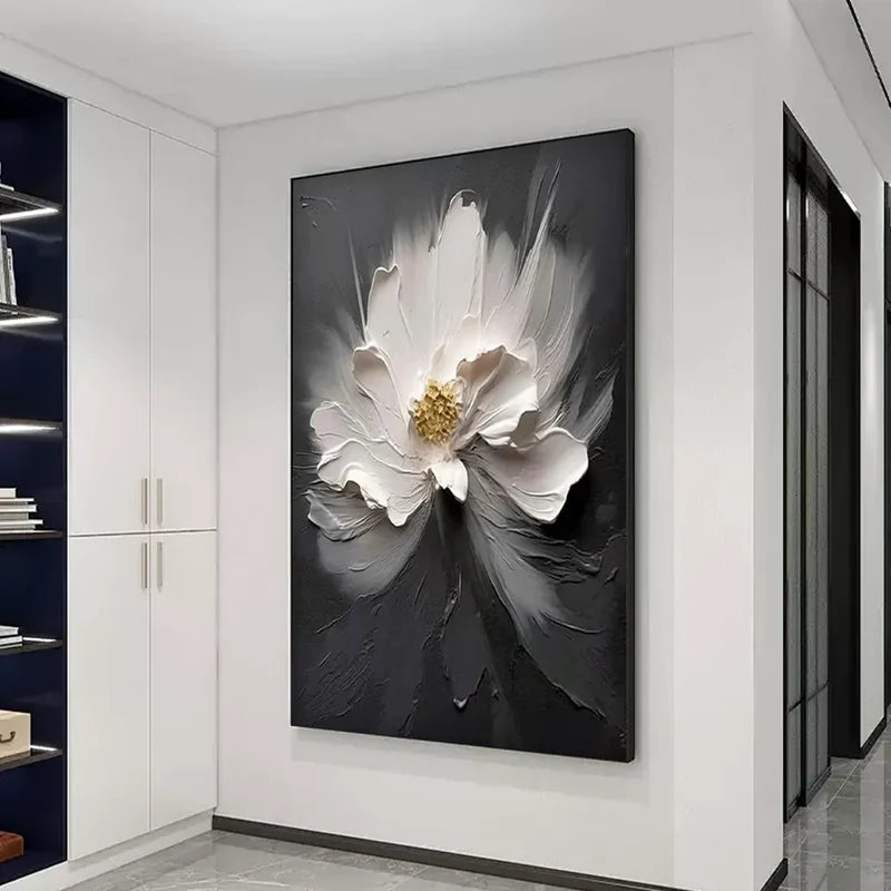Black White Flower Wall Art – 3D Textured Floral Canvas Painting#yy721014
