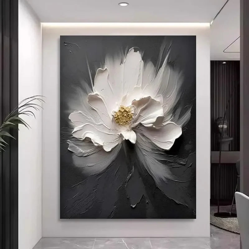 Black White Flower Wall Art – 3D Textured Floral Canvas Painting#yy721014