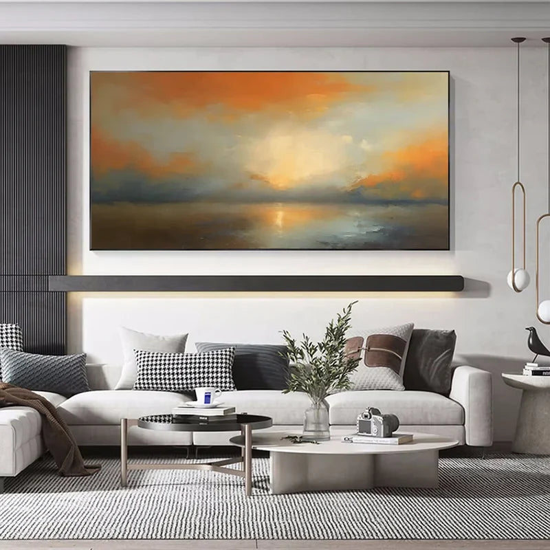 Golden Sunset Ocean Wall Art – Abstract Landscape Canvas Painting#yy721019