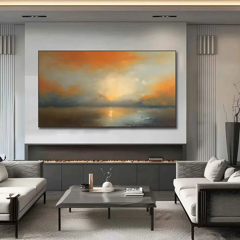 Golden Sunset Ocean Wall Art – Abstract Landscape Canvas Painting#yy721019