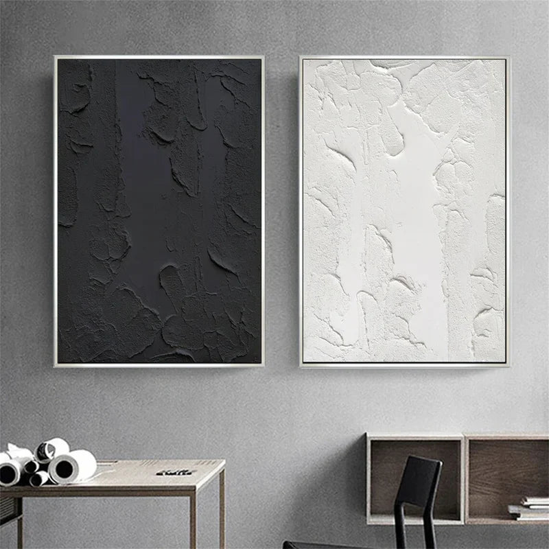 Black & White Textured Wall Art Set – Minimalist Diptych Canvas Painting#yy721020