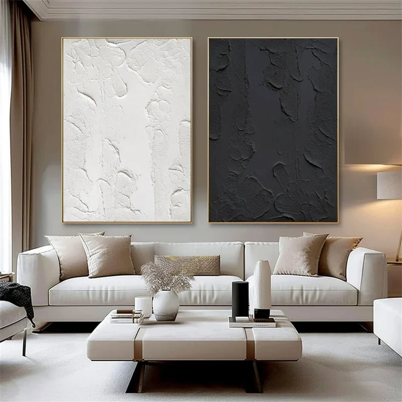 Black & White Textured Wall Art Set – Minimalist Diptych Canvas Painting#yy721020