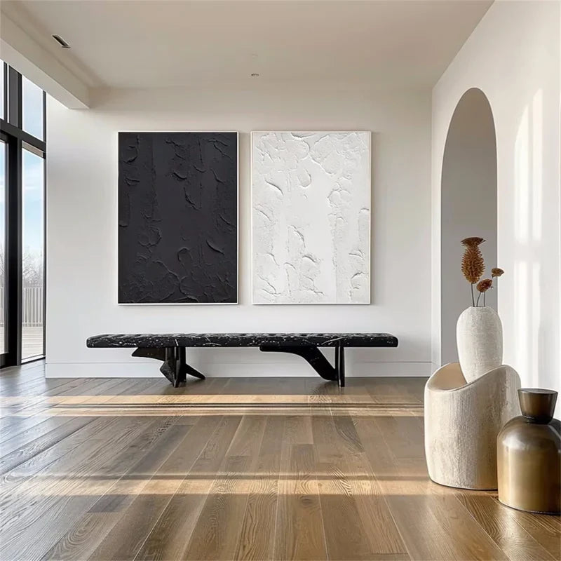 Black & White Textured Wall Art Set – Minimalist Diptych Canvas Painting#yy721020