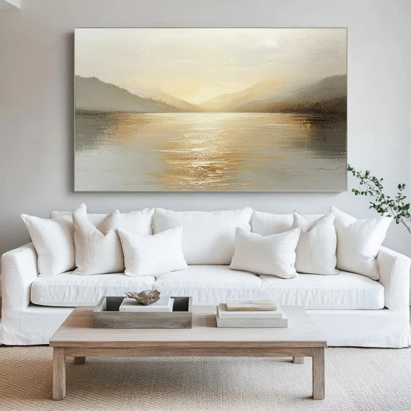 Misty Mountain Lake Wall Art – Neutral Landscape Canvas Painting#yy721021