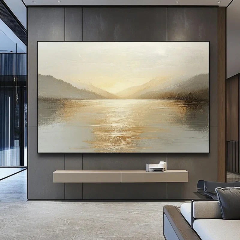 Misty Mountain Lake Wall Art – Neutral Landscape Canvas Painting#yy721021