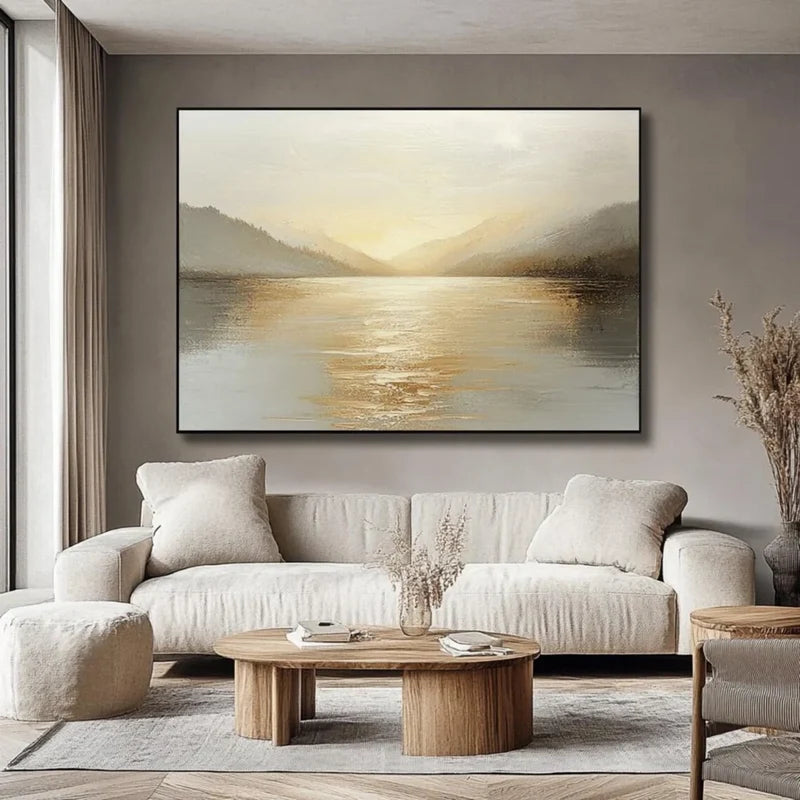 Misty Mountain Lake Wall Art – Neutral Landscape Canvas Painting#yy721021