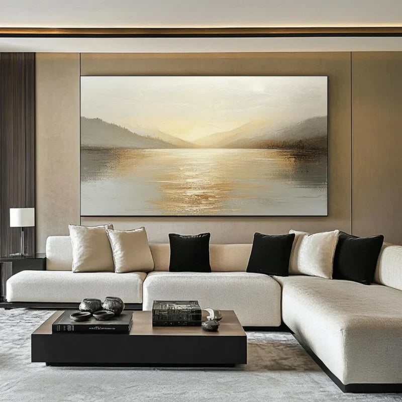 Misty Mountain Lake Wall Art – Neutral Landscape Canvas Painting#yy721021