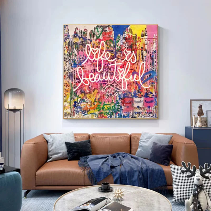 Life Is Beautiful Wall Art – Colorful Pop Art Canvas Painting#yy721022