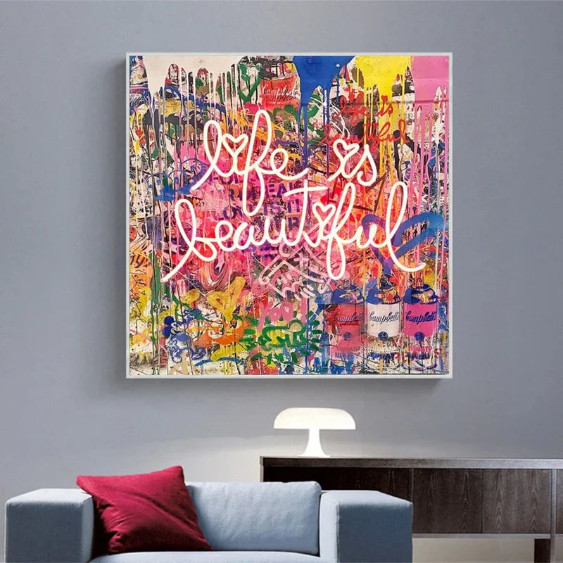 Life Is Beautiful Wall Art – Colorful Pop Art Canvas Painting#yy721022