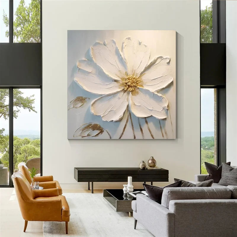 White Flower Textured Wall Art – 3D Floral Canvas Painting#yy721024