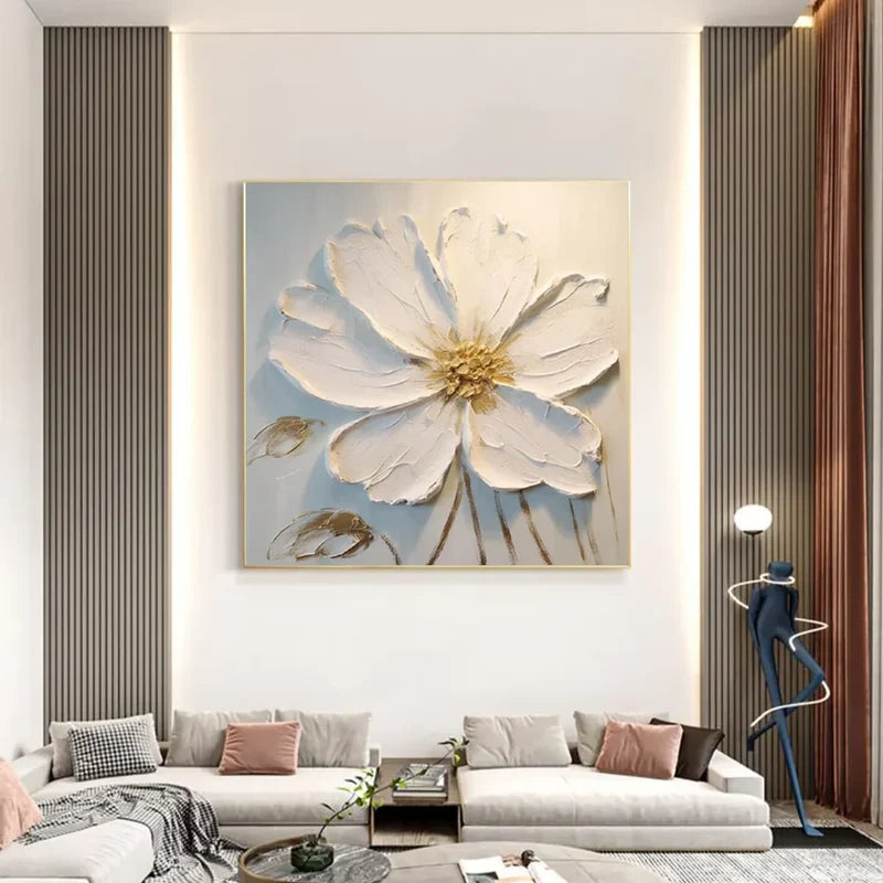 White Flower Textured Wall Art – 3D Floral Canvas Painting#yy721024