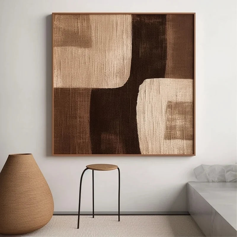Brown Abstract Geometric Wall Art – Modern Textured Canvas Painting#yy721026