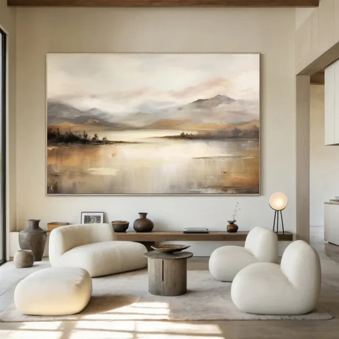 Neutral Mountain Landscape Wall Art – Minimalist Nature Canvas Painting#yy721028