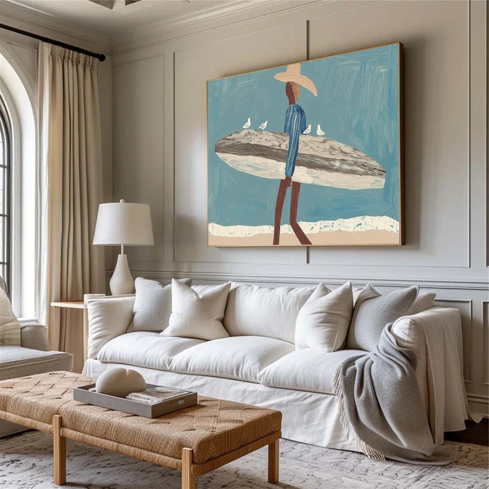 Coastal Surfer Wall Art – Modern Beach Landscape Canvas Painting#yy721029