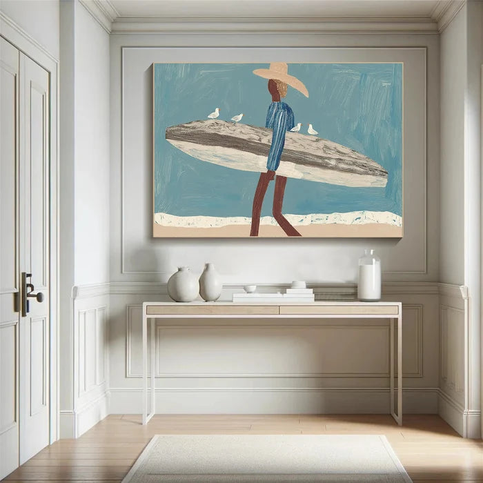 Coastal Surfer Wall Art – Modern Beach Landscape Canvas Painting#yy721029